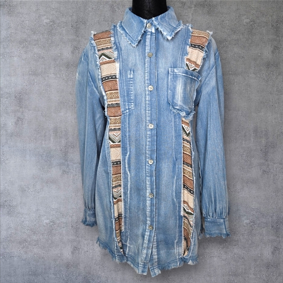 POL Tops - POL Demin Shirt Size S Blue Western Boho Button Up Frayed Southwestern Chic